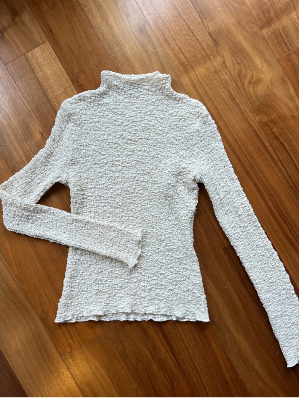 Zara Cream Textured Long Sleeve SMOCKED mock neck Top